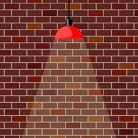 mur de briques colorées, éclairé par une lampe suspendue. fond de mur de briques. plafonnier rouge. illustration vectorielle dans un style plat. vecteur