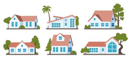 ensemble de maisons. maisons de banlieue américaines vue de face extérieure et quelques arbres. collection de maisons américaines classiques et modernes isolées sur fond blanc. illustration vectorielle.