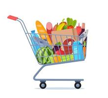 caddie plein de nourriture, fruits, produits, produits d'épicerie. panier d'épicerie. acheter de la nourriture au supermarché. illustration vectorielle pour bannière, vecteur