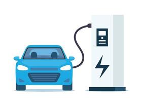 recharge de voiture électrique bleue, vue de face. station de charge de voiture électrique isolée sur fond blanc. électricité eco nouvelle technologie voitures du futur. illustration vectorielle. vecteur