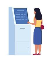 femme utilisant un terminal électronique de paiement et d'information en libre-service avec écran tactile. illustration vectorielle dans un style plat. vecteur