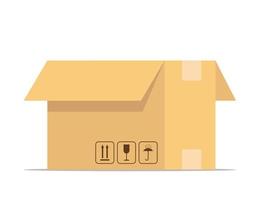 boîte ouverte. emballage de livraison en carton avec signes fragiles. boîte pour emballer des marchandises ou des effets personnels pour le déménagement. illustration vectorielle isolée sur blanc. vecteur