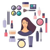 visage de femme entouré d'éléments cosmétiques décoratifs. tout pour le maquillage et les soins personnels. vecteur