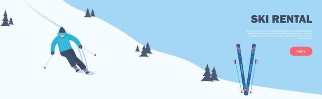 bannière horizontale de location de ski. sport d'hiver. le skieur dévale la pente. vacances d'hiver à la montagne. ski alpin. illustration vectorielle. vecteur