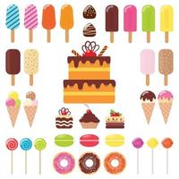 ensemble de divers bonbons. crème glacée, gâteau, gâteau, beignet, macaron, sucette, bonbon, chocolat. illustration plate de vecteur. vecteur