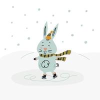 patins de lapin d'hiver sur la glace. lapin de doodle avec de joyeuses fêtes modernes et minimalistes. illustration vectorielle plane vecteur