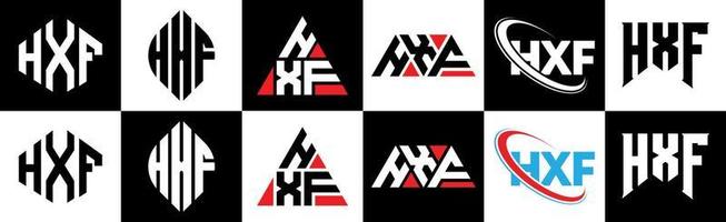 création de logo de lettre hxf en six styles. hxf polygone, cercle, triangle, hexagone, style plat et simple avec logo de lettre de variation de couleur noir et blanc dans un plan de travail. hxf logo minimaliste et classique vecteur