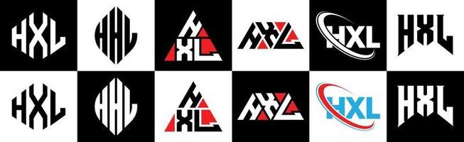 création de logo de lettre hxl en six styles. hxl polygone, cercle, triangle, hexagone, style plat et simple avec logo de lettre de variation de couleur noir et blanc dans un plan de travail. hxl logo minimaliste et classique vecteur