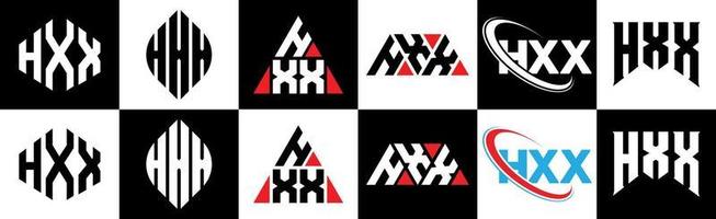 création de logo de lettre hxx en six styles. hxx polygone, cercle, triangle, hexagone, style plat et simple avec logo de lettre de variation de couleur noir et blanc dans un plan de travail. hxx logo minimaliste et classique vecteur