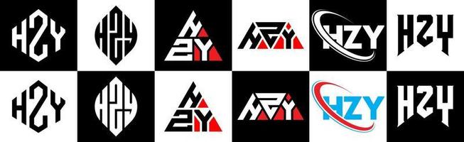 création de logo de lettre hzy dans six styles. hzy polygone, cercle, triangle, hexagone, style plat et simple avec logo de lettre de variation de couleur noir et blanc dans un plan de travail. hzy logo minimaliste et classique vecteur