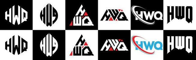 création de logo de lettre hwq en six styles. polygone hwq, cercle, triangle, hexagone, style plat et simple avec logo de lettre de variation de couleur noir et blanc dans un plan de travail. hwq logo minimaliste et classique vecteur