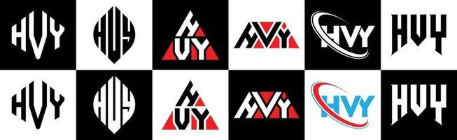 création de logo hvy letter en six styles. polygone hvy, cercle, triangle, hexagone, style plat et simple avec logo de lettre de variation de couleur noir et blanc dans un plan de travail. hvy logo minimaliste et classique vecteur