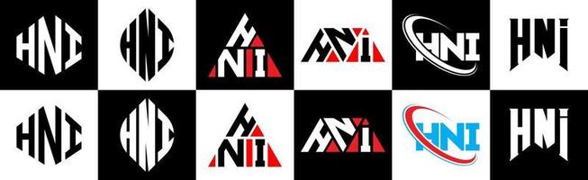 création de logo de lettre hni en six styles. hni polygone, cercle, triangle, hexagone, style plat et simple avec logo de lettre de variation de couleur noir et blanc dans un plan de travail. hni logo minimaliste et classique vecteur