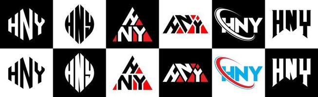 création de logo de lettre hny en six styles. hny polygone, cercle, triangle, hexagone, style plat et simple avec logo de lettre de variation de couleur noir et blanc dans un plan de travail. hny logo minimaliste et classique vecteur