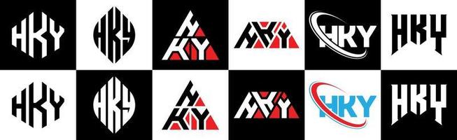 création de logo de lettre hky en six styles. hky polygone, cercle, triangle, hexagone, style plat et simple avec logo de lettre de variation de couleur noir et blanc dans un plan de travail. hky logo minimaliste et classique vecteur