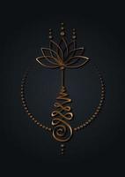 symbole de fleur de lotus doré unalome, signe hindou ou bouddhiste représentant le chemin vers l'illumination. icône de tatouage de yantras. dessin à l'encre de feuille d'or simple, illustration vectorielle isolée sur fond noir vecteur