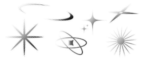 illustration vectorielle de motif de fond de point de demi-teinte. texture pointillée dégradée monochrome en forme d'étoile et d'étincelle, superposition en détresse fondue. conception pour affiche, couverture, bannière, maquette, autocollant, mise en page. vecteur