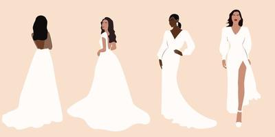 ensemble de portraits abstraits de femmes en robes de mariée aux couleurs pastel. mariées fantaisie en robes de mariée à la mode debout dans diverses poses. Look à la mode. vecteur
