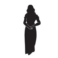 jeunes femmes en robe longue avec une pose élégante debout. silhouette d'icône vectorielle isolée sur fond blanc. dessin humain féminin avec pictogramme plat simple de couleur noire. vecteur