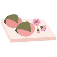 sakuramochi - gâteau de riz japonais enveloppé dans une fleur de cerisier marinée, feuille de sakura vecteur