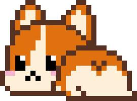 mignon chien de dessin animé pixel 8 bits. Funny welsh corgi pembroke ou cardigan dog se trouve sur fond blanc avec des pattes arrière tendues, vue arrière. cul d'animaux à fourrure juteux. icônes de style pixel art années 80-90. autocollants vecteur