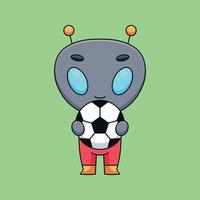 mignon extraterrestre tenant ballon de football dessin animé mascotte doodle art dessiné à la main concept vecteur kawaii icône illustration