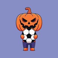 mignon citrouille halloween tenant ballon de football dessin animé mascotte doodle art concept dessiné à la main vecteur kawaii icône illustration