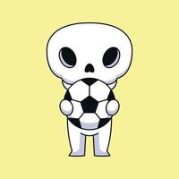 crâne mignon tenant ballon de football dessin animé mascotte doodle art dessiné à la main concept vecteur kawaii icône illustration
