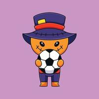 mignon épouvantail tenant ballon de football dessin animé mascotte doodle art dessinés à la main concept vecteur kawaii icône illustration