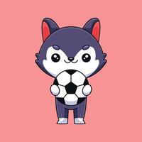 loup mignon tenant ballon de football dessin animé mascotte doodle art dessiné à la main concept vecteur kawaii icône illustration