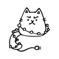 illustration de griffonnage d'un chat et d'une guirlande mécontents. illustration vectorielle vecteur