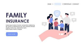 modèle de page de destination d'assurance familiale. assurance, bannière de concept de soins de santé vecteur