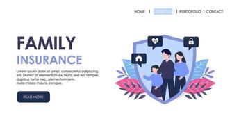 modèle de page de destination d'assurance familiale. assurance, bannière de concept de soins de santé vecteur