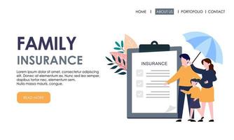 modèle de page de destination d'assurance familiale. assurance, bannière de concept de soins de santé vecteur