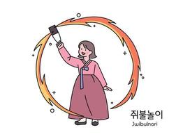 jeu traditionnel coréen.une fille portant un hanbok joue le jeu traditionnel de tourner une boîte avec un feu. vecteur