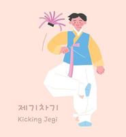 jeu traditionnel coréen. un garçon portant un hanbok joue au jegi kick. vecteur