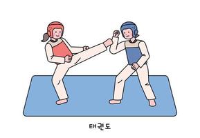 arts martiaux traditionnels coréens. deux joueurs de taekwondo sont en compétition. vecteur