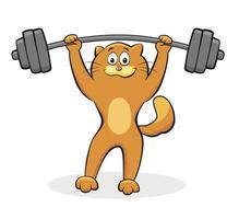 illustration vectorielle d'un chat en forme soulevant une lourde barre au-dessus de sa tête. exercice d'entraînement par bodybuilder avec poids. entraînement sportif de gym et d'ascenseur par un animal de dessin animé athlétique vecteur