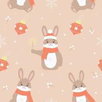 motif vectoriel harmonieux avec des lapins mignons comme symbole du nouvel an chinois 2023. lapin doux en bonnet et écharpe pour impression de noël pour enfants sur textile. lapin de dessin animé d'hiver pour les enfants