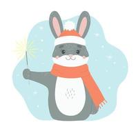 vecteur mignon lapin noir en bonnet de noel et écharpe avec feu de bengale. illustration de dessin animé d'un symbole du nouvel an chinois 2023. lapin pour carte de voeux joyeux noël pour enfants