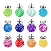 boules de noël dessinées à la main. ensemble de douze boules de noël doodle multicolores isolées sur fond blanc. éléments de vacances d'hiver. illustration vectorielle vecteur