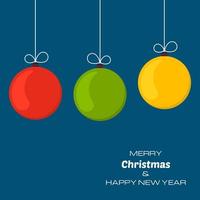 joyeux noël et bonne année fond bleu avec trois boules de noël. arrière-plan vectoriel pour vos cartes de vœux, invitations, affiches festives.