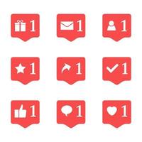 ensemble de neuf notifications dans les médias sociaux. cœur, étoile, suiveur, message, chèque, cadeau, commentaire, like, repost. illustration vectorielle. vecteur
