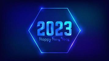 Bonne année 2023 fond néon. cadre hexagonal néon avec effets brillants pour carte de voeux, flyers ou affiches de vacances de noël. illustration vectorielle vecteur