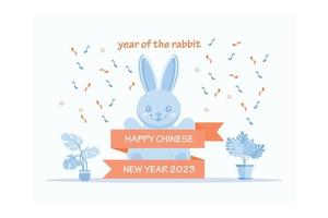 nouvel an chinois 2023, l'année du lapin, personnages d'art en ligne rouge et or, éléments asiatiques simples dessinés à la main avec artisanat, illustration moderne à vecteur plat