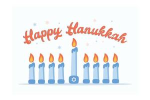 affiche avec toutes les bougies allumées en bleu pour le dernier jour de célébration de hanukkah sur fond bleu foncé, illustration moderne à vecteur plat
