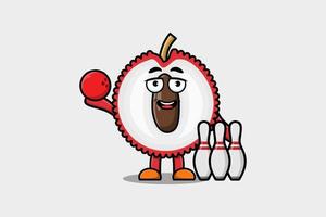 personnage de dessin animé mignon litchi jouant au bowling vecteur