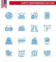 usa independance day blue set de 16 pictogrammes usa de lunettes irlande adobe cell mobile modifiable usa day vector design elements