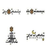 pack moderne de 4 illustrations vectorielles de voeux pour le festival islamique eid al adha eid al fitr lanterne de lune dorée avec de belles étoiles brillantes vecteur