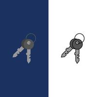 clés porte maison maison icônes plat et ligne remplie icône ensemble vecteur fond bleu
